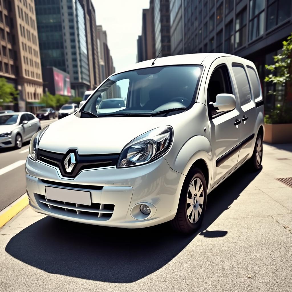 A sleek white Renault Kangoo Industrial Van parked in an urban setting, showcasing its modern and aerodynamic design