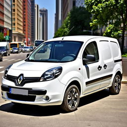 A sleek white Renault Kangoo Industrial Van parked in an urban setting, showcasing its modern and aerodynamic design