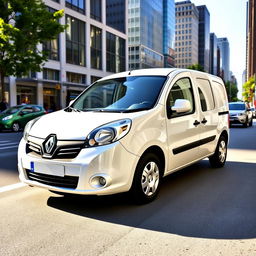 A sleek white Renault Kangoo Industrial Van parked in an urban setting, showcasing its modern and aerodynamic design