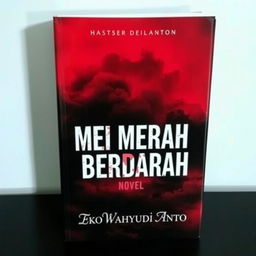 A striking novel cover for 'MEI MERAH BERDARAH' featuring a dramatic, blood-red background symbolizing intensity and emotion