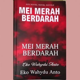 A striking novel cover for 'MEI MERAH BERDARAH' featuring a dramatic, blood-red background symbolizing intensity and emotion