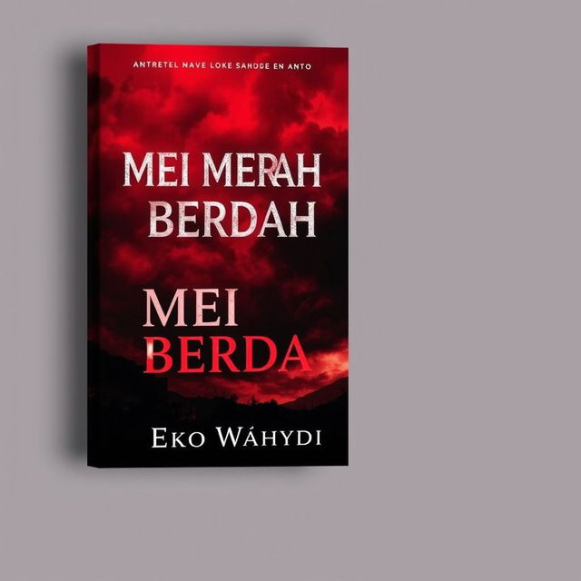 A striking novel cover for 'MEI MERAH BERDARAH' featuring a dramatic, blood-red background symbolizing intensity and emotion