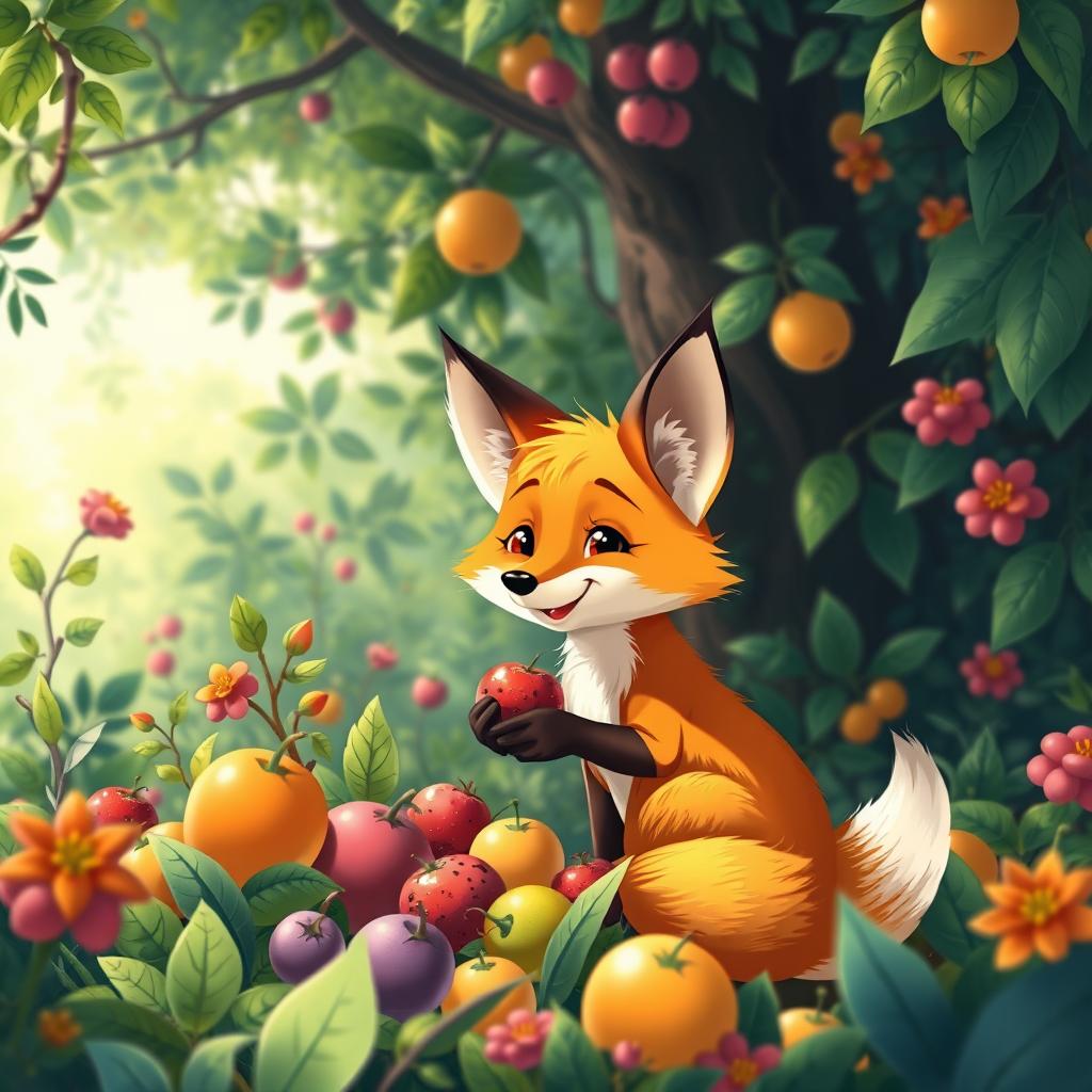 In a serene morning setting within a vibrant forest, a cute orange fox discovers an array of beautiful, colorful fruits among the foliage