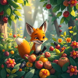 In a serene morning setting within a vibrant forest, a cute orange fox discovers an array of beautiful, colorful fruits among the foliage