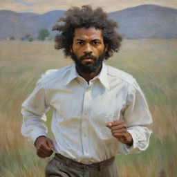 In Claude Monet's impressionistic style, portray a young Frederick Douglass wearing a white shirt, running fearfully across a field. The background is a blur of motion that mirrors his urgency, enhancing the intense, suspenseful atmosphere.