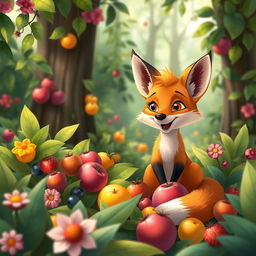 In a serene morning setting within a vibrant forest, a cute orange fox discovers an array of beautiful, colorful fruits among the foliage