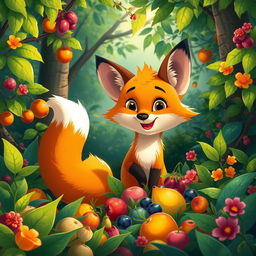 In a serene morning setting within a vibrant forest, a cute orange fox discovers an array of beautiful, colorful fruits among the foliage