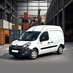 A sleek white Renault Kangoo Industrial Van parked in an industrial background, surrounded by warehouses and machinery