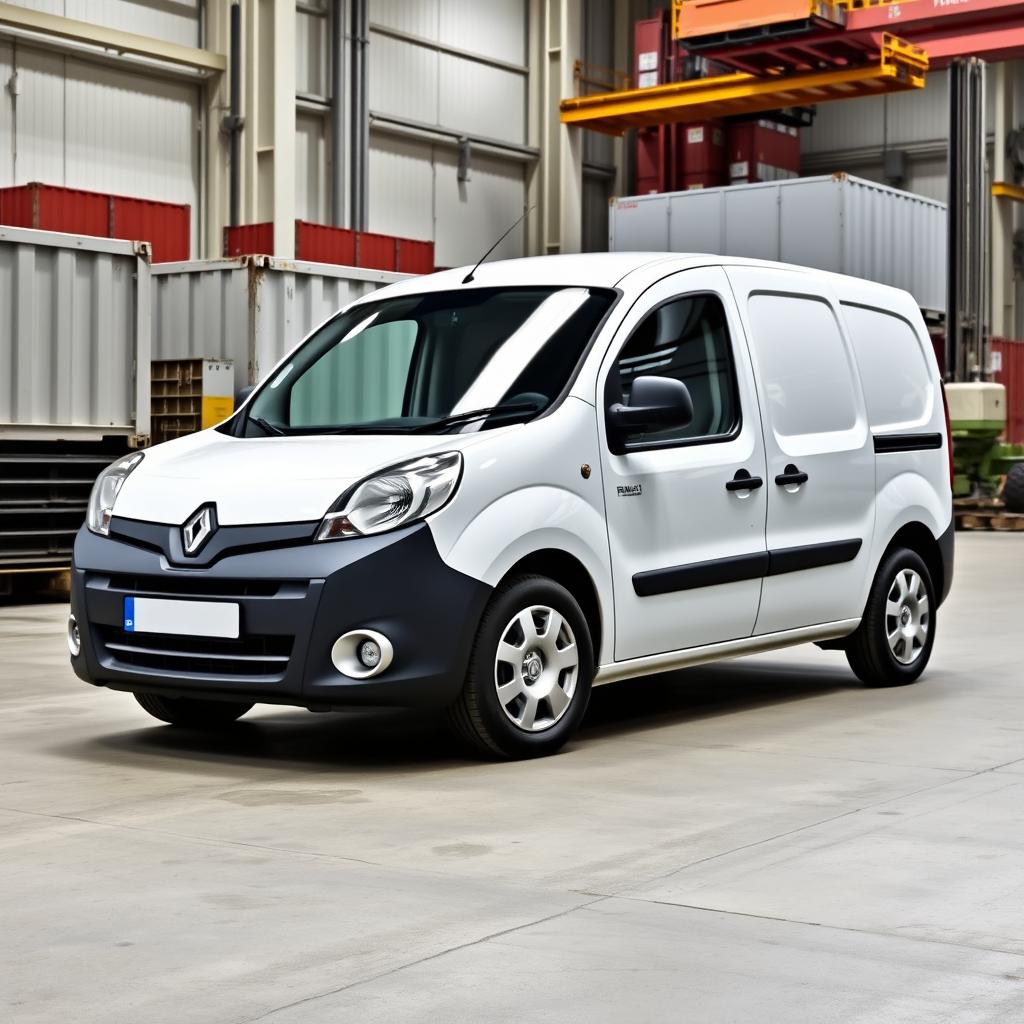 A sleek white Renault Kangoo Industrial Van parked in an industrial background, surrounded by warehouses and machinery