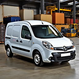 A sleek white Renault Kangoo Industrial Van parked in an industrial background, surrounded by warehouses and machinery