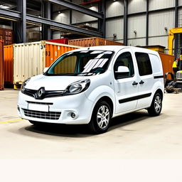 A sleek white Renault Kangoo Industrial Van parked in an industrial background, surrounded by warehouses and machinery