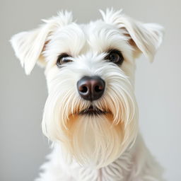 A close-up image of a white Zwergschnauzer's head, showcasing its distinctive features such as the prominent beard, bushy eyebrows, and expressive dark eyes