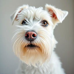 A close-up image of a white Zwergschnauzer's head, showcasing its distinctive features such as the prominent beard, bushy eyebrows, and expressive dark eyes