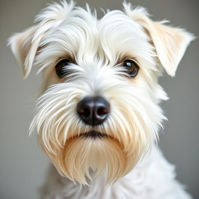 A close-up image of a white Zwergschnauzer's head, showcasing its distinctive features such as the prominent beard, bushy eyebrows, and expressive dark eyes