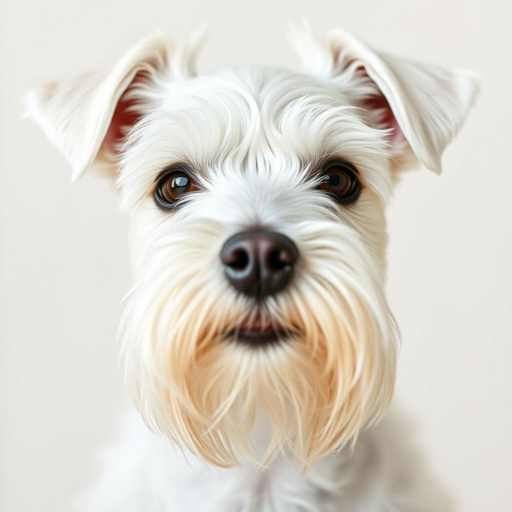 A close-up image of a white Zwergschnauzer's head, showcasing its distinctive features such as the prominent beard, bushy eyebrows, and expressive dark eyes