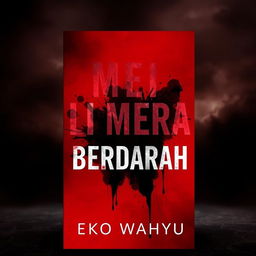 A captivating novel cover for 'MEI MERAH BERDARAH', featuring a bold, blood-red background to convey a sense of drama and intensity