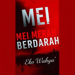 A captivating novel cover for 'MEI MERAH BERDARAH', featuring a bold, blood-red background to convey a sense of drama and intensity