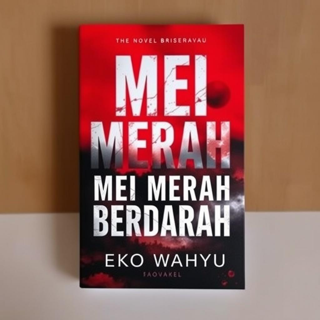 A captivating novel cover for 'MEI MERAH BERDARAH', featuring a bold, blood-red background to convey a sense of drama and intensity