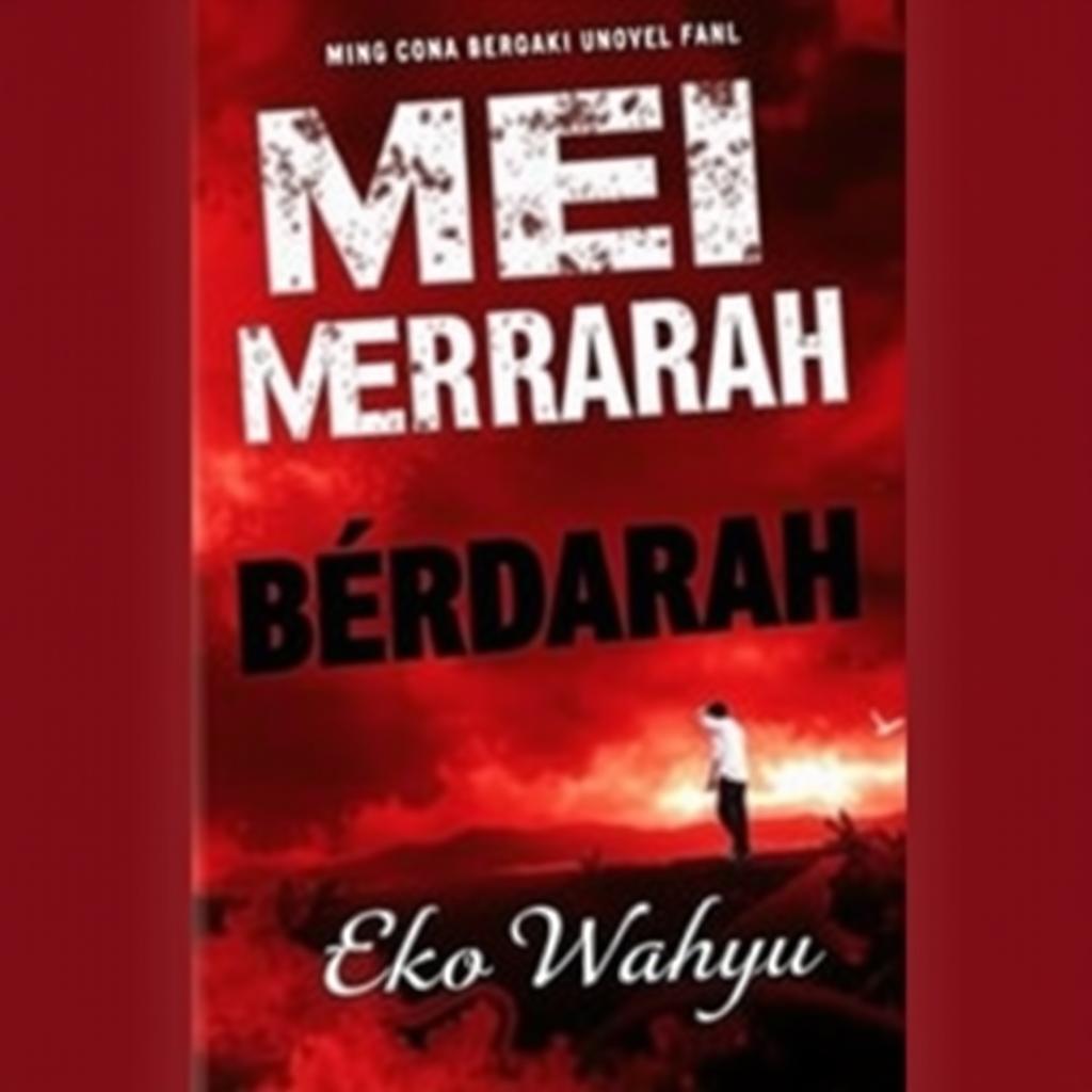 A captivating novel cover for 'MEI MERAH BERDARAH', featuring a bold, blood-red background to convey a sense of drama and intensity