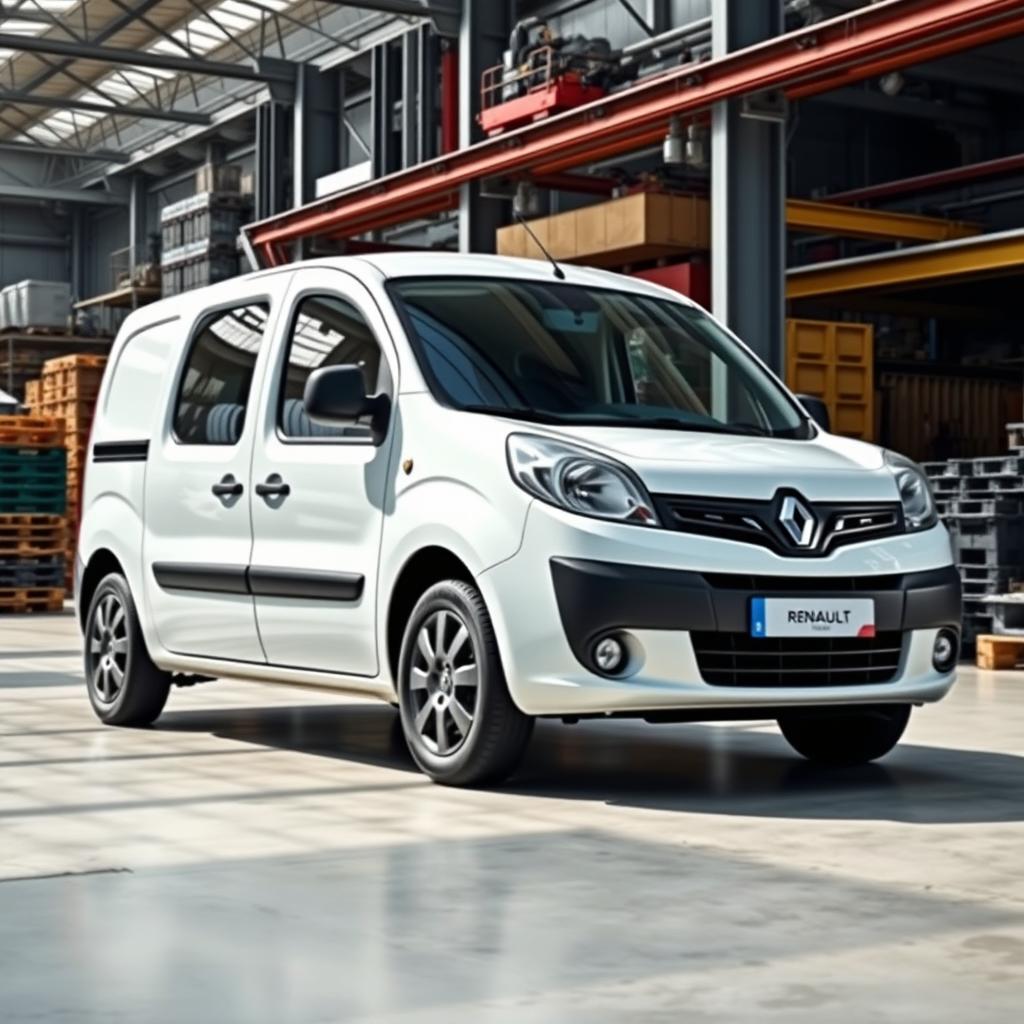 A sleek white Renault Kangoo Industrial Van parked in an industrial background, surrounded by a blend of metal structures, warehouses, and construction elements