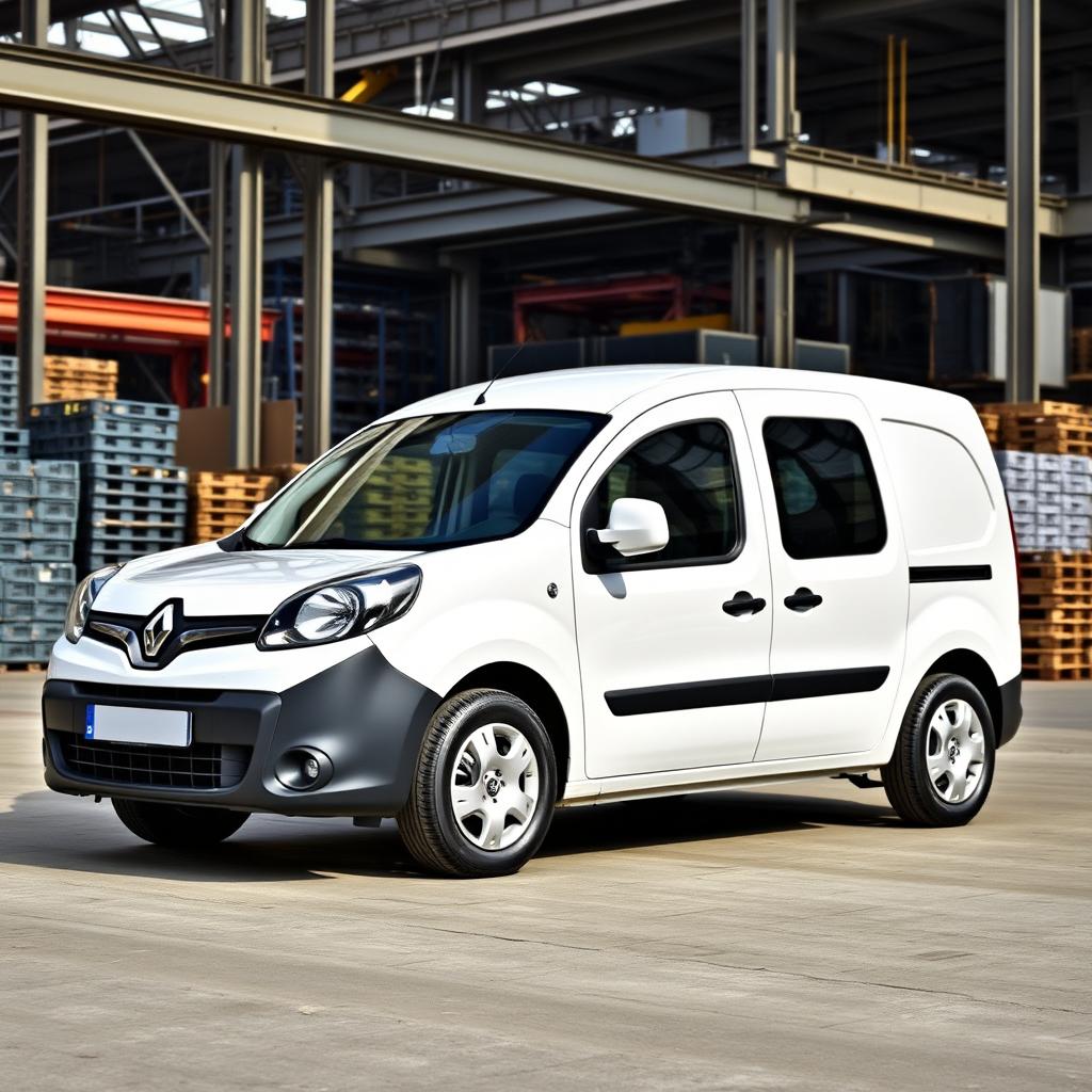 A sleek white Renault Kangoo Industrial Van parked in an industrial background, surrounded by a blend of metal structures, warehouses, and construction elements