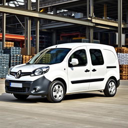 A sleek white Renault Kangoo Industrial Van parked in an industrial background, surrounded by a blend of metal structures, warehouses, and construction elements