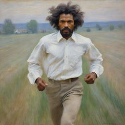 In Claude Monet's impressionistic style, portray a young Frederick Douglass wearing a white shirt, running fearfully across a field. The background is a blur of motion that mirrors his urgency, enhancing the intense, suspenseful atmosphere.