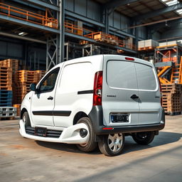 A sleek white Renault Kangoo Industrial Van parked in an industrial background, surrounded by a blend of metal structures, warehouses, and construction elements