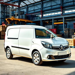 A sleek white Renault Kangoo Industrial Van parked in an industrial background, surrounded by a blend of metal structures, warehouses, and construction elements