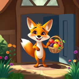 In a delightful morning setting, a happy orange fox stands at its cozy home’s doorway, joyfully holding a basket filled with beautiful, colorful fruits