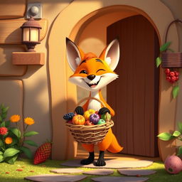 In a delightful morning setting, a happy orange fox stands at its cozy home’s doorway, joyfully holding a basket filled with beautiful, colorful fruits