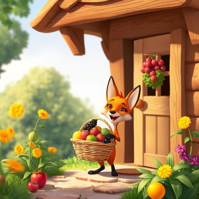 In a delightful morning setting, a happy orange fox stands at its cozy home’s doorway, joyfully holding a basket filled with beautiful, colorful fruits