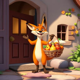 In a delightful morning setting, a happy orange fox stands at its cozy home’s doorway, joyfully holding a basket filled with beautiful, colorful fruits