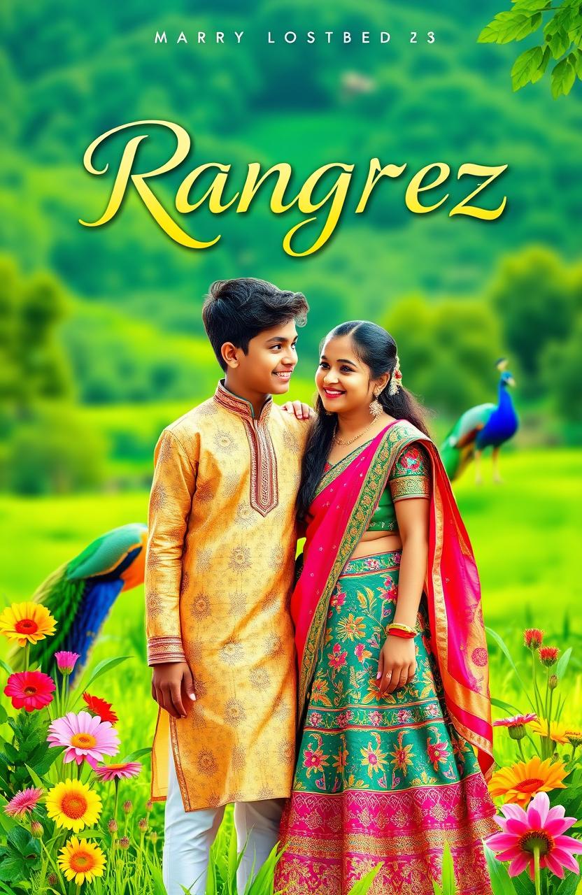 A vibrant and eye-catching book cover featuring two Indian teenagers, a boy and a girl, standing together in a lush green landscape