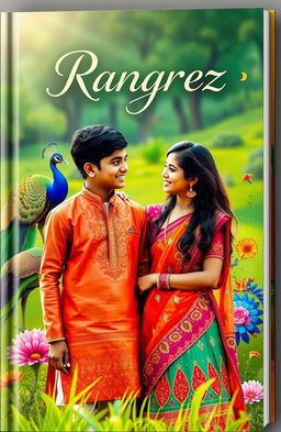 A vibrant and eye-catching book cover featuring two Indian teenagers, a boy and a girl, standing together in a lush green landscape