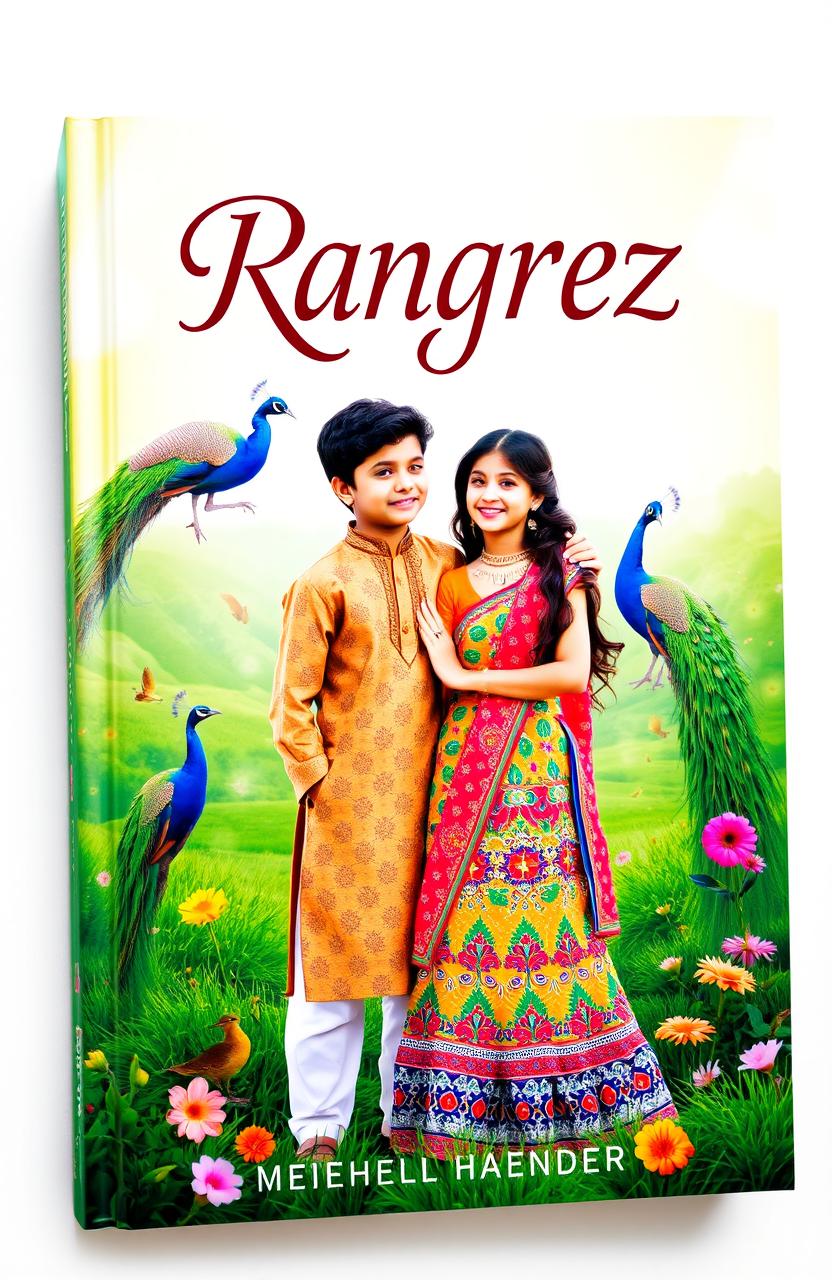 A vibrant and eye-catching book cover featuring two Indian teenagers, a boy and a girl, standing together in a lush green landscape