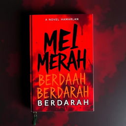 An eye-catching novel cover for 'MEI MERAH BERDARAH', featuring a bold, blood-red color scheme that evokes passion and drama