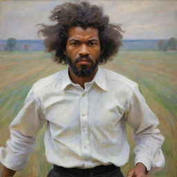 In Claude Monet's impressionistic style, portray a young Frederick Douglass wearing a white shirt, running fearfully across a field. The background is a blur of motion that mirrors his urgency, enhancing the intense, suspenseful atmosphere.