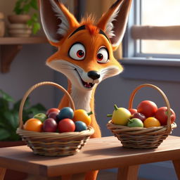 In a whimsical morning setting, a large orange mother fox gazes in shock at a basket of beautiful, colorful fruits placed on a quaint wooden table