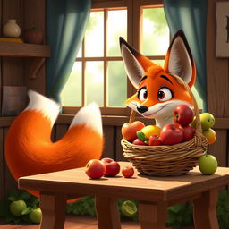 In a whimsical morning setting, a large orange mother fox gazes in shock at a basket of beautiful, colorful fruits placed on a quaint wooden table