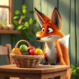 In a whimsical morning setting, a large orange mother fox gazes in shock at a basket of beautiful, colorful fruits placed on a quaint wooden table