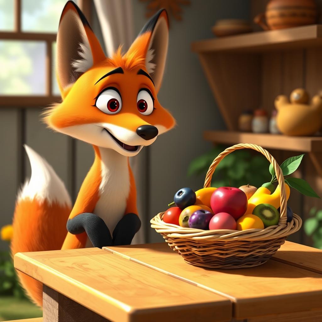 In a whimsical morning setting, a large orange mother fox gazes in shock at a basket of beautiful, colorful fruits placed on a quaint wooden table