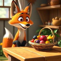 In a whimsical morning setting, a large orange mother fox gazes in shock at a basket of beautiful, colorful fruits placed on a quaint wooden table