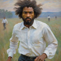 In Claude Monet's impressionistic style, portray a young Frederick Douglass wearing a white shirt, running fearfully across a field. The background is a blur of motion that mirrors his urgency, enhancing the intense, suspenseful atmosphere.