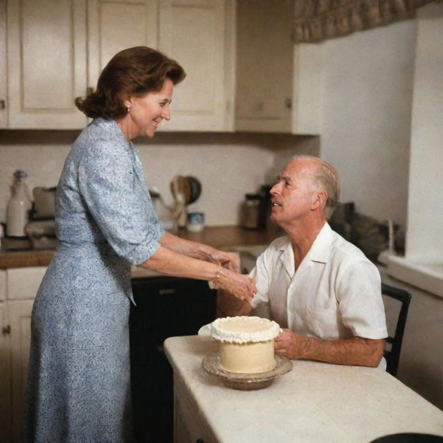 A vintage scene of a young Joe Biden being spoiled by his mother, herself a warm, loving woman in traditional mid-20th century attire. They are in a cozy, homely kitchen, filled with home-cooked food and soft, inviting lighting.