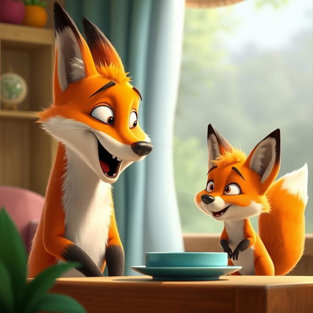 In a lively morning scene, a large orange mother fox is playfully yelling at her cute orange baby fox, who looks a bit surprised yet amused