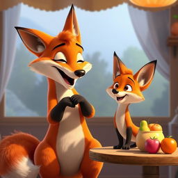 In a lively morning scene, a large orange mother fox is playfully yelling at her cute orange baby fox, who looks a bit surprised yet amused