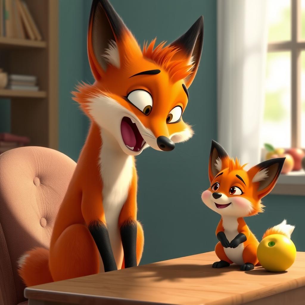 In a lively morning scene, a large orange mother fox is playfully yelling at her cute orange baby fox, who looks a bit surprised yet amused