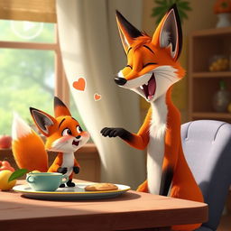 In a lively morning scene, a large orange mother fox is playfully yelling at her cute orange baby fox, who looks a bit surprised yet amused