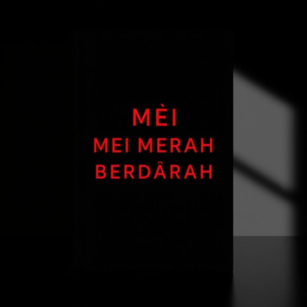 A minimalist novel cover design featuring a solid black background with a striking blood-red title 'MEI MERAH BERDARAH' prominently displayed in bold, modern typography